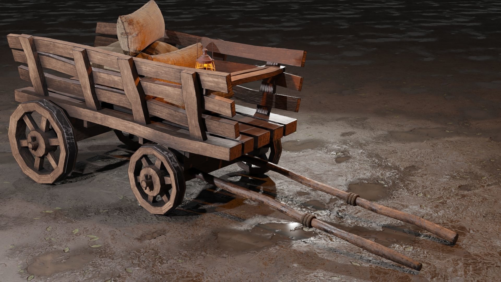 Stylized medieval cart with a lamp and bags Low-poly 3D model_4