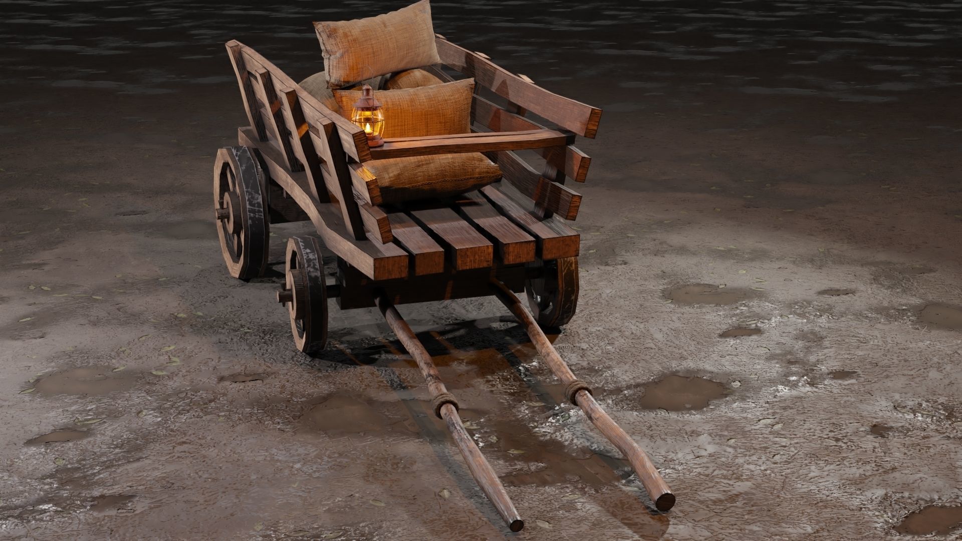 Stylized medieval cart with a lamp and bags Low-poly 3D model_5