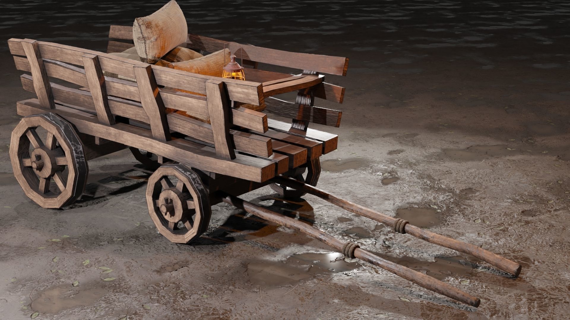 Stylized medieval cart with a lamp and bags Low-poly 3D model_2