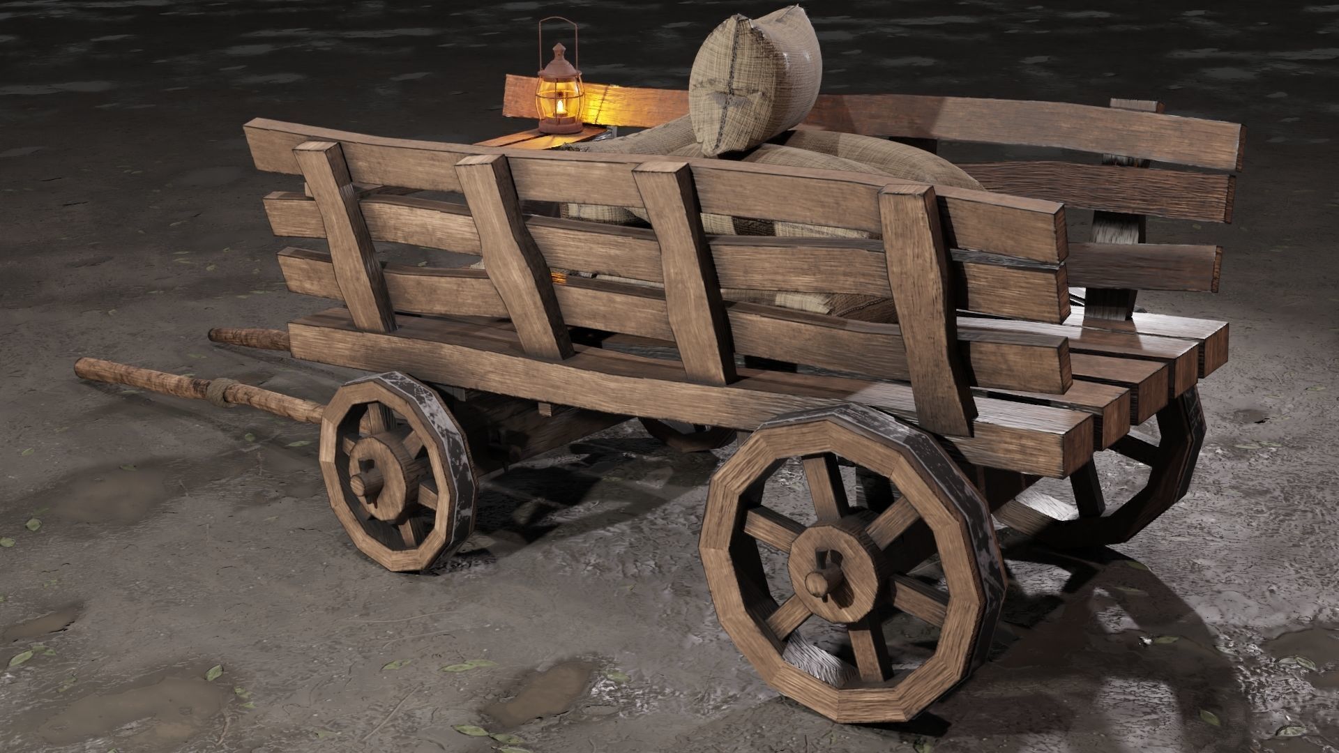 Stylized medieval cart with a lamp and bags Low-poly 3D model_6