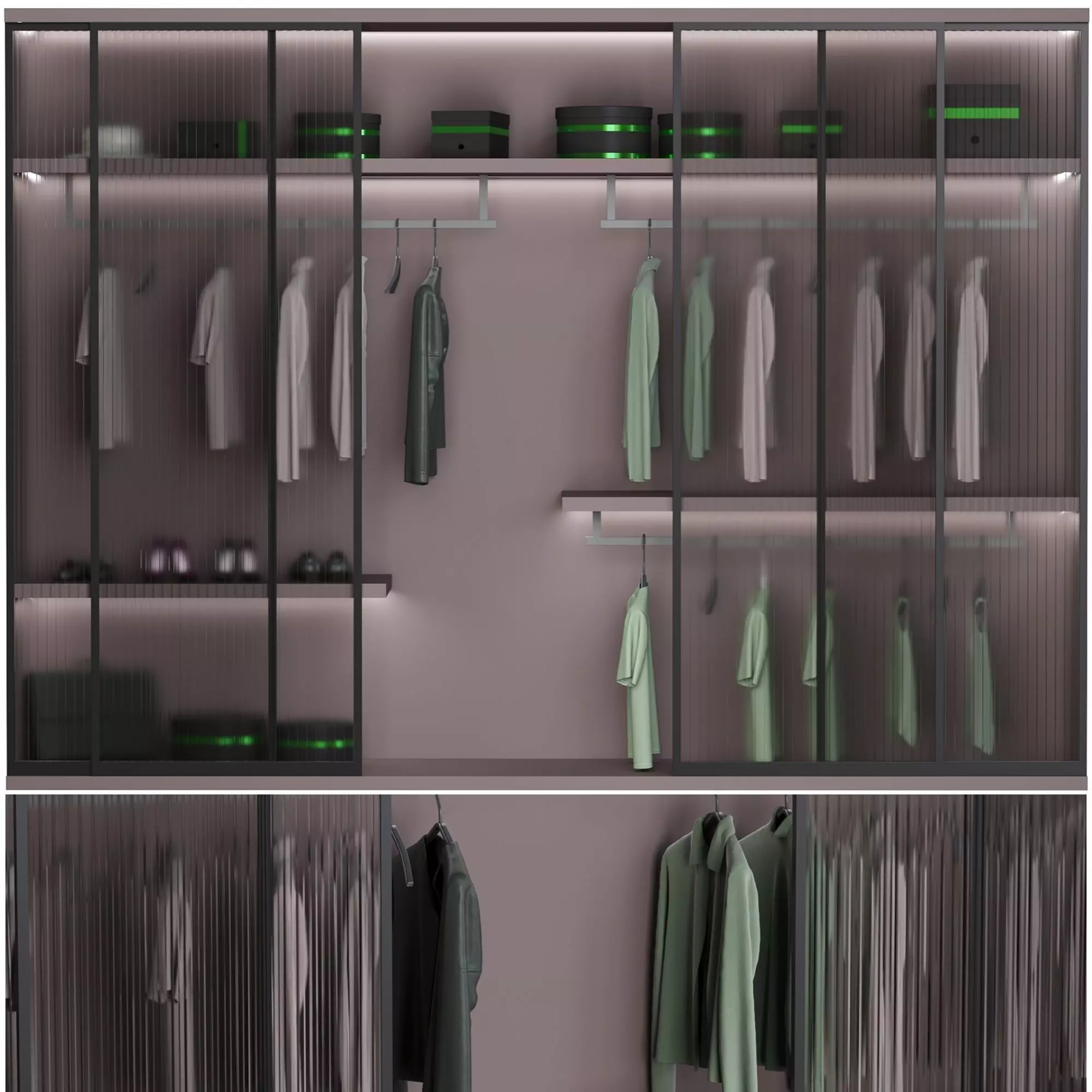 wardrobe closet with clothes hanging on shelves 3D model_0