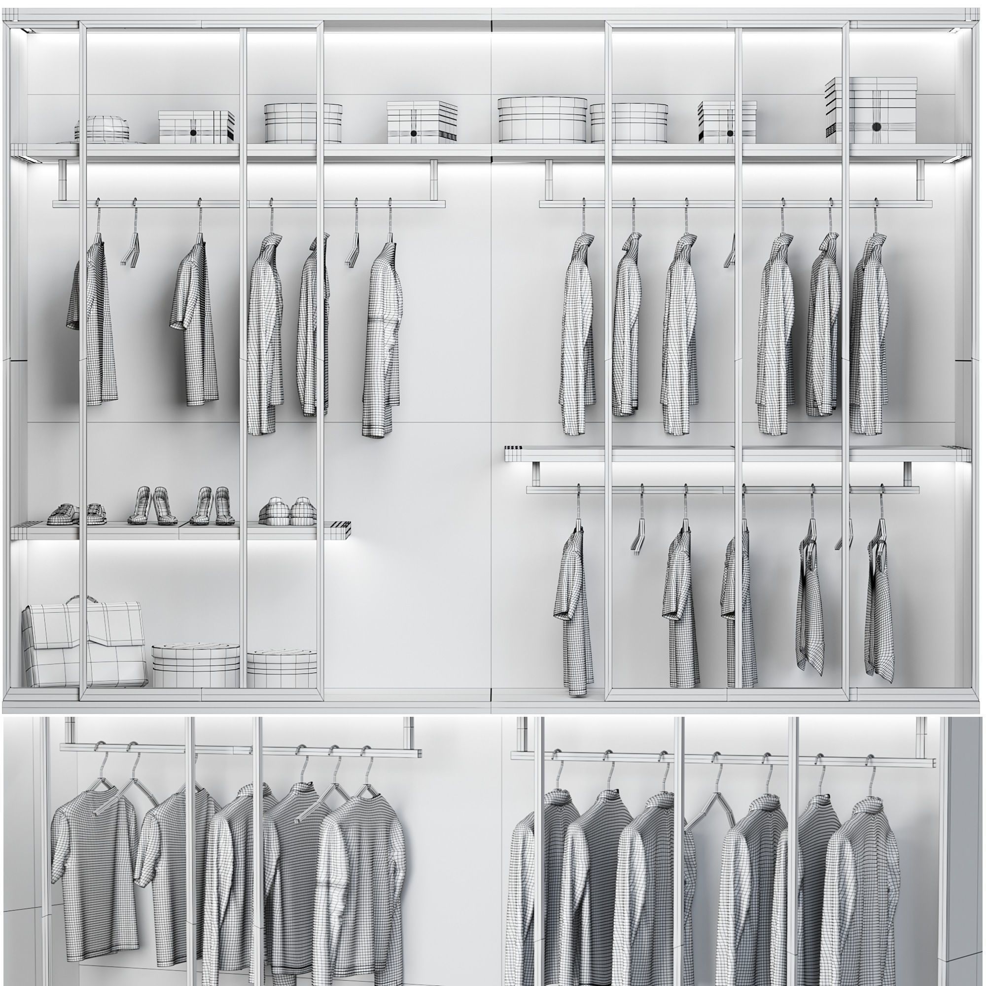 wardrobe closet with clothes hanging on shelves 3D model_4