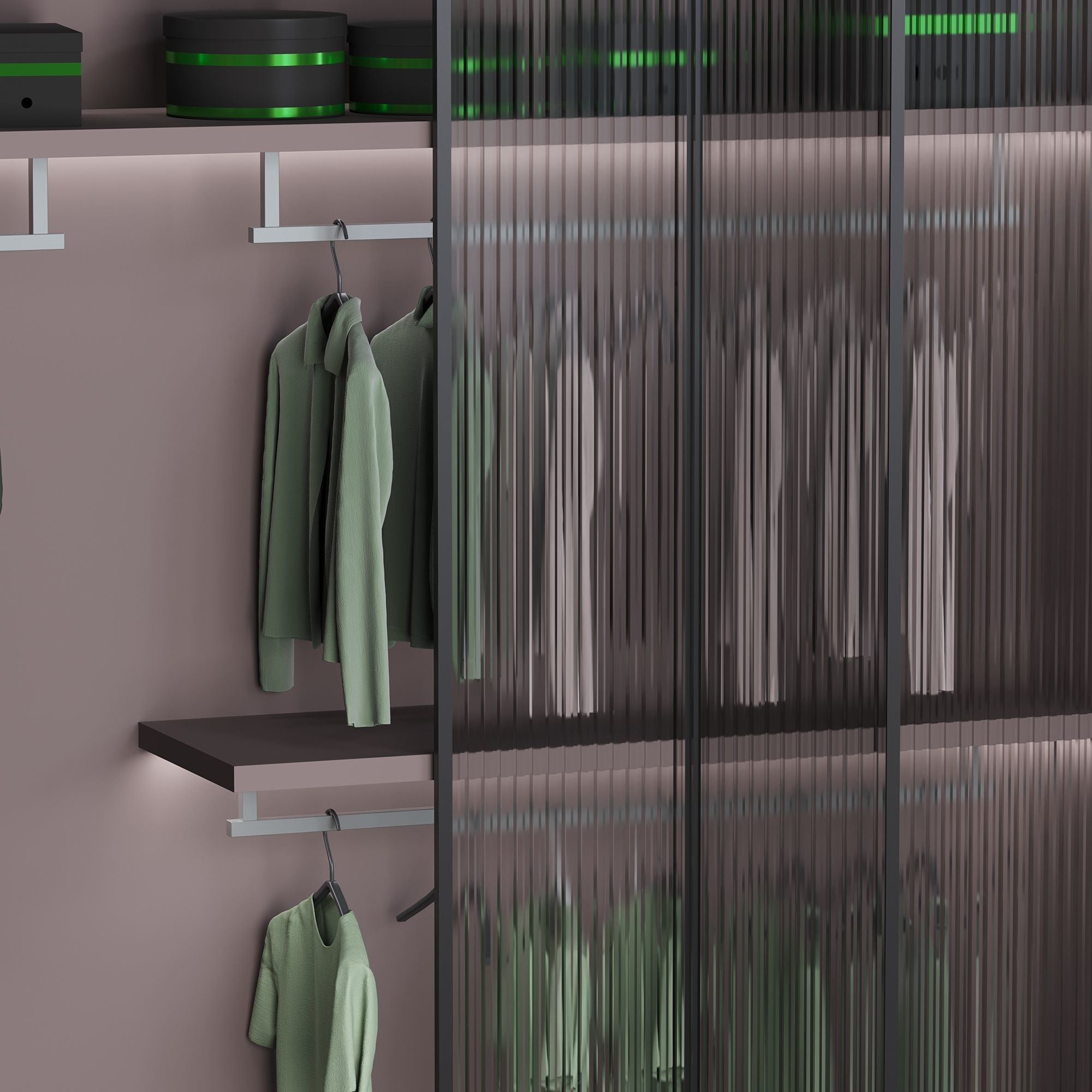 wardrobe closet with clothes hanging on shelves 3D model_2