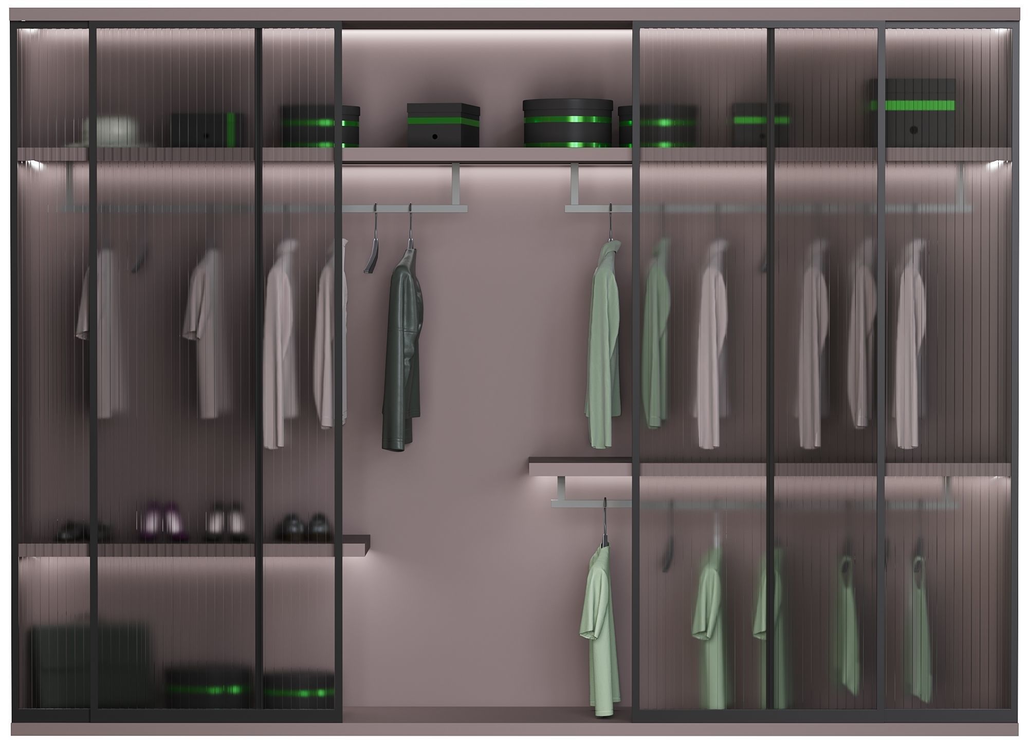 wardrobe closet with clothes hanging on shelves 3D model_1