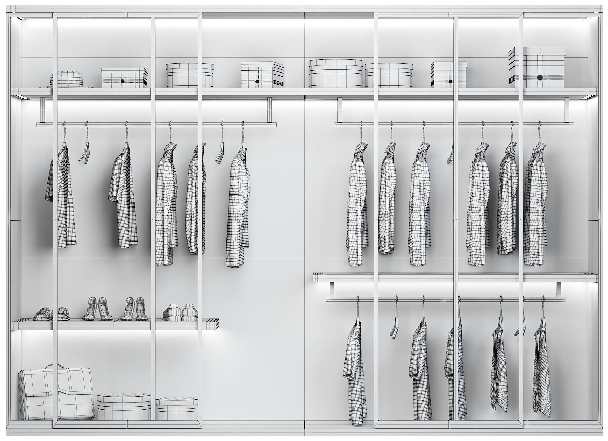 wardrobe closet with clothes hanging on shelves 3D model_5
