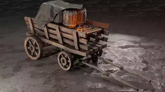 A stylized medieval cart with a lamp and barrels
