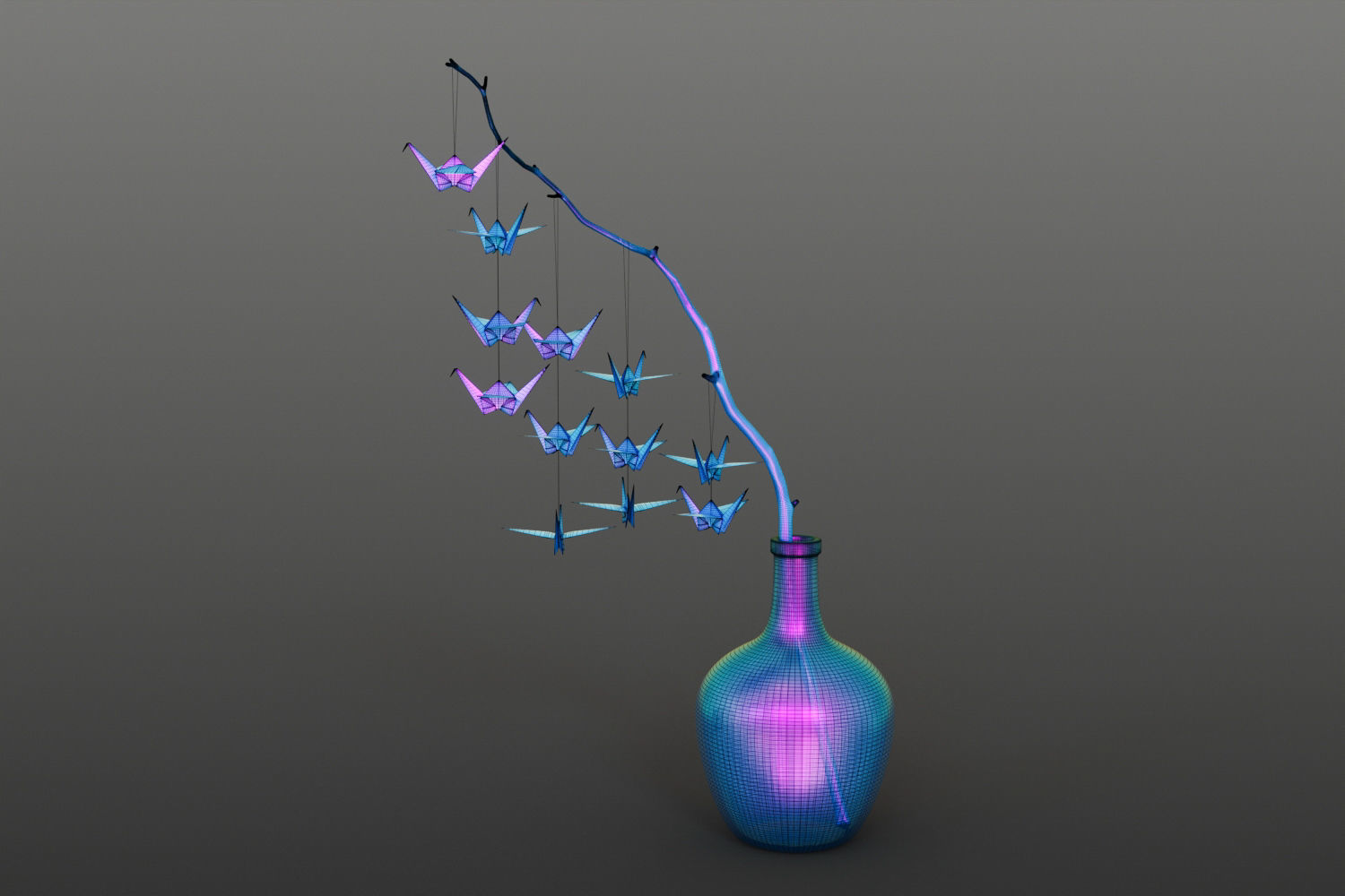 Large glass carboy with decorative origami birds 3D model_15