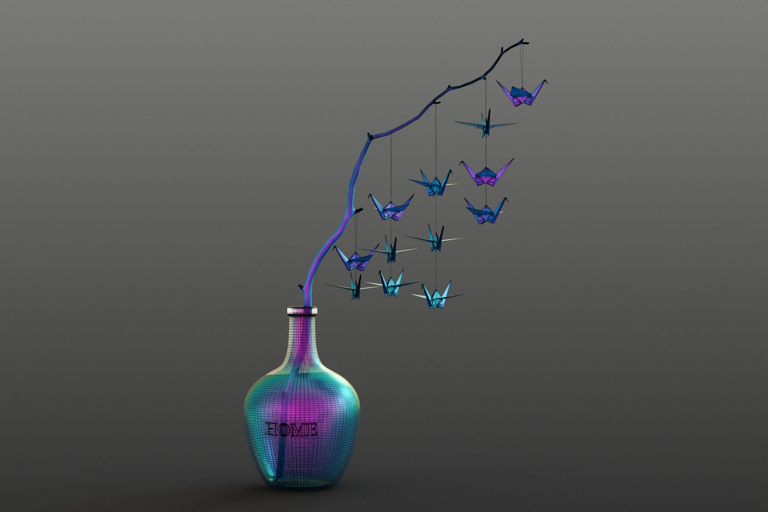 Large glass carboy with decorative origami birds 3D model_11
