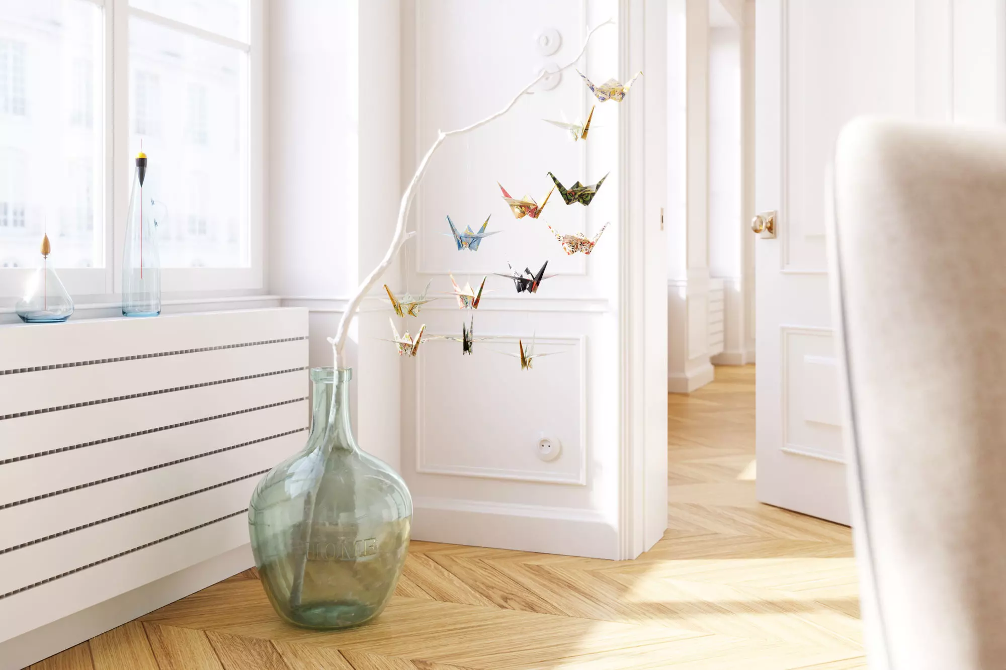 Large glass carboy with decorative origami birds 3D model_0