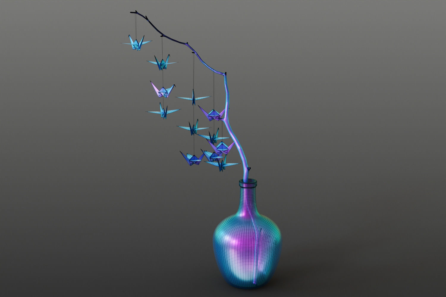Large glass carboy with decorative origami birds 3D model_13