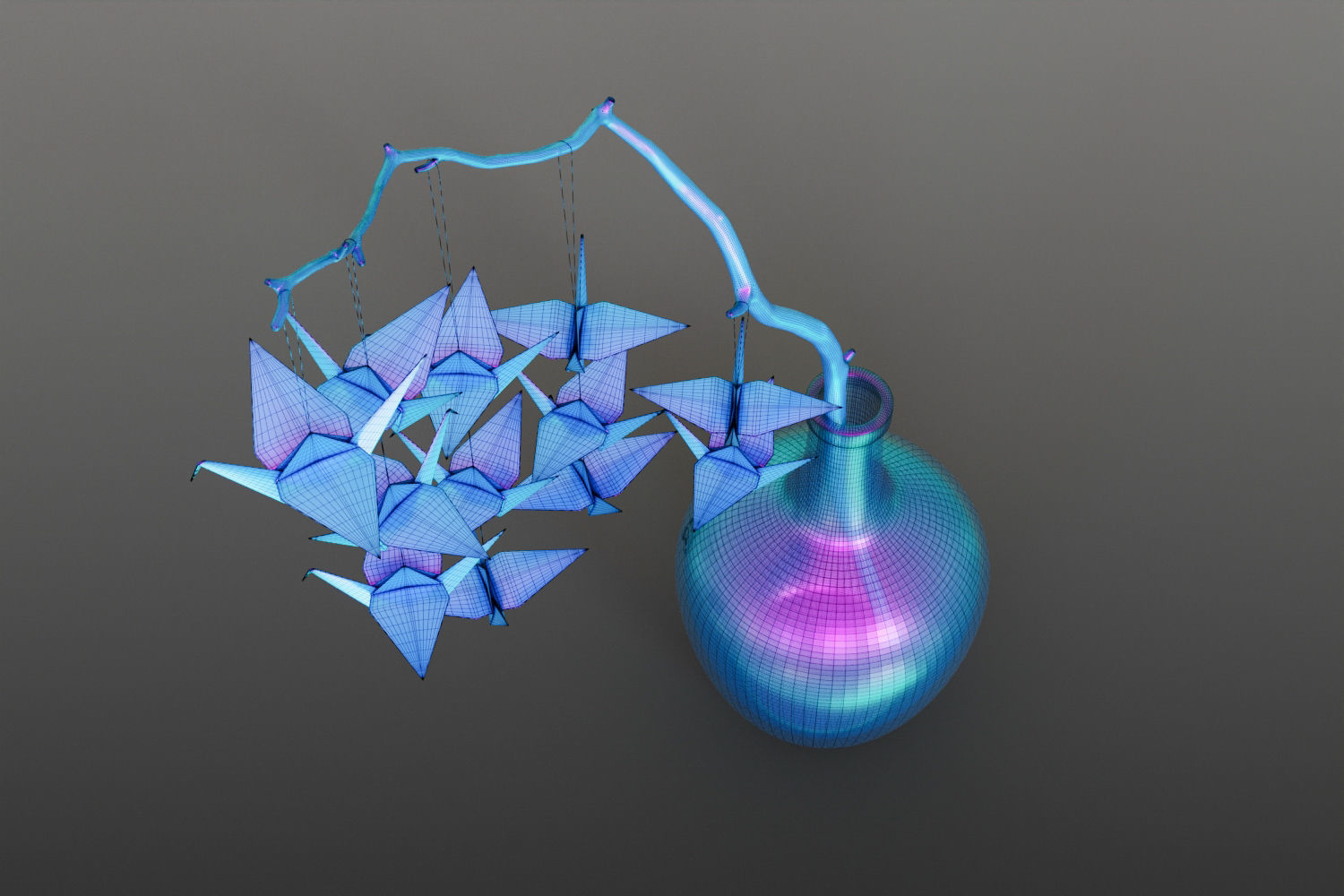 Large glass carboy with decorative origami birds 3D model_14