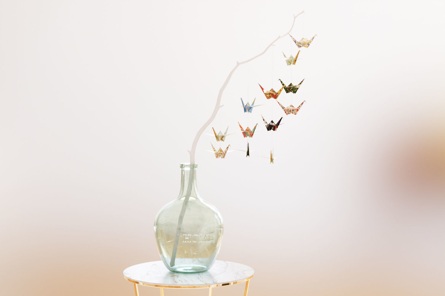 Large glass carboy with decorative origami birds 3D model_1