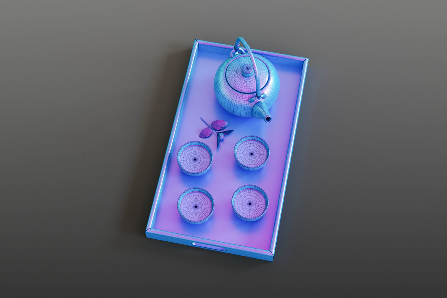 Oriental tea set on tray 3D model_14