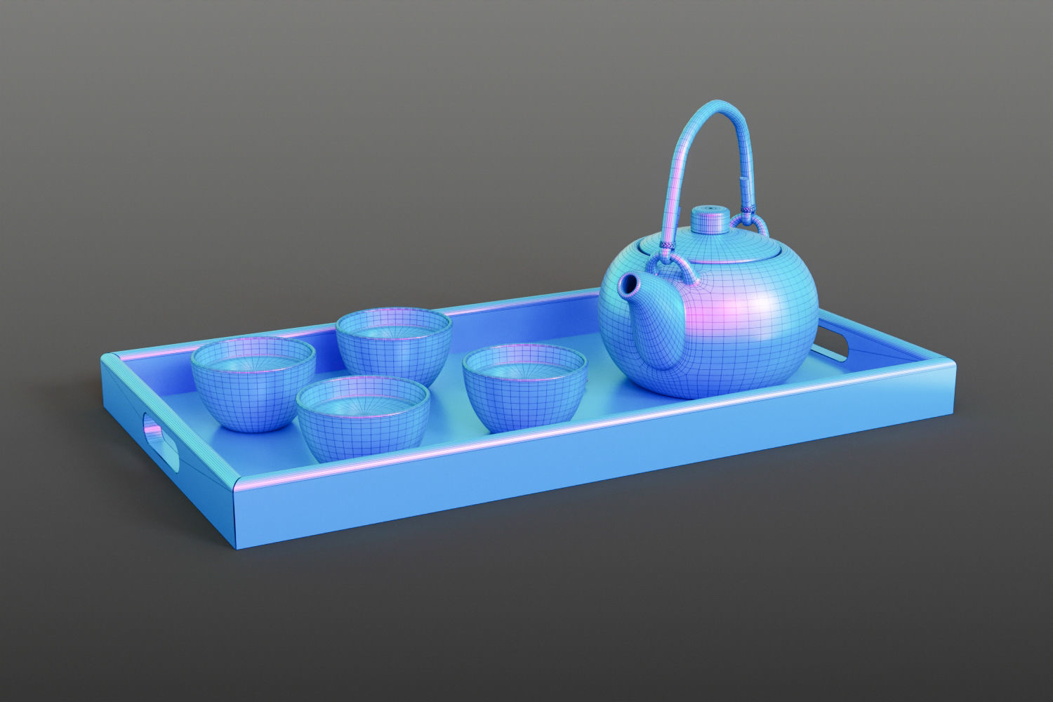 Oriental tea set on tray 3D model_12