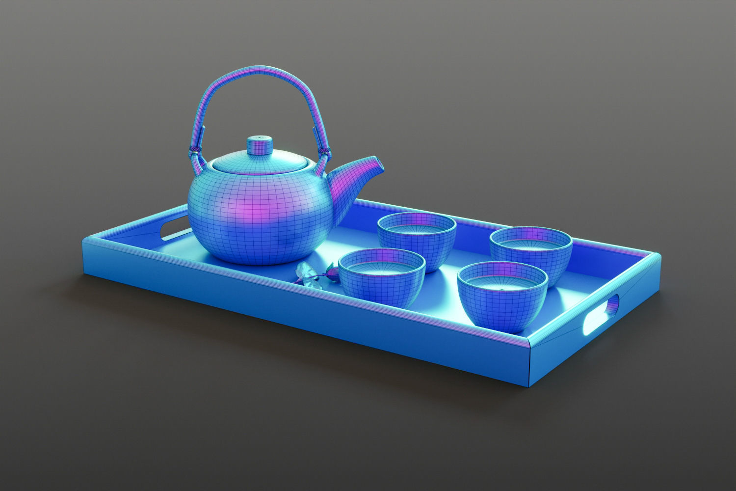 Oriental tea set on tray 3D model_11