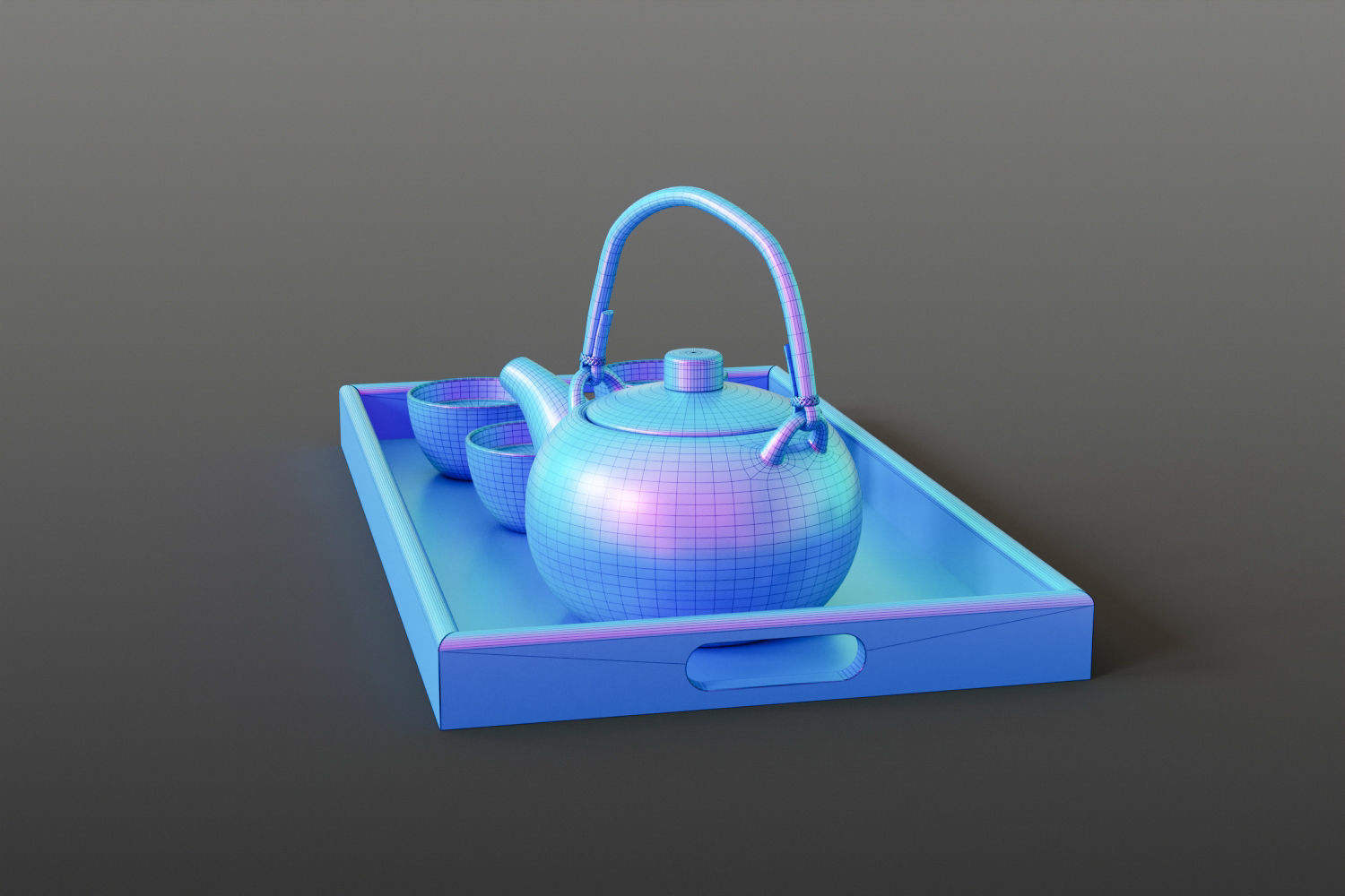 Oriental tea set on tray 3D model_13