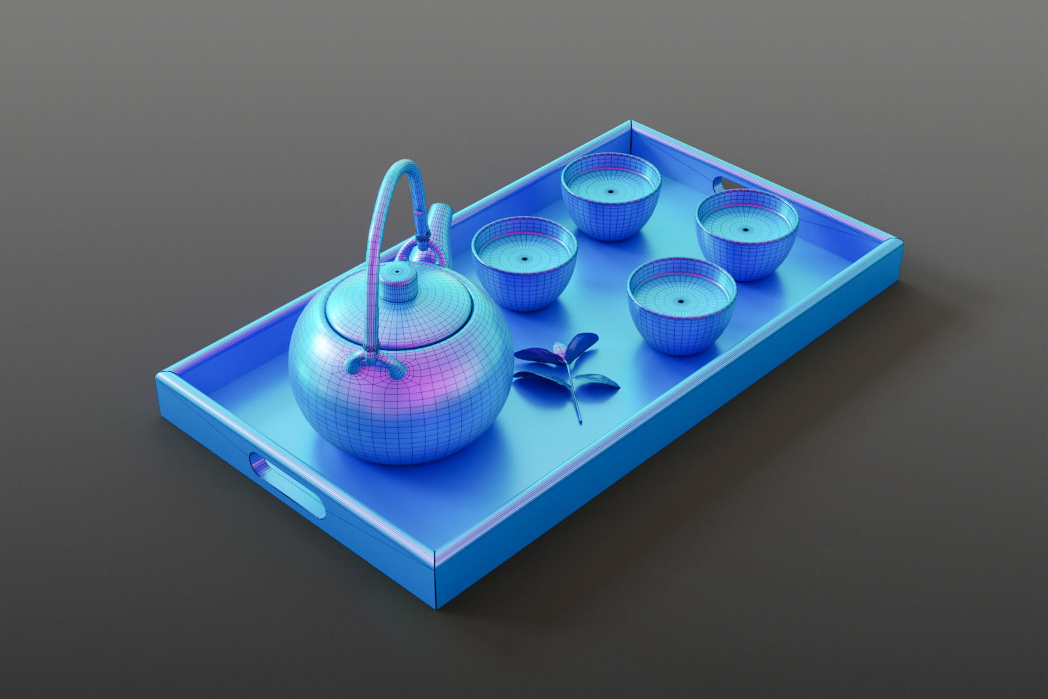 Oriental tea set on tray 3D model_15