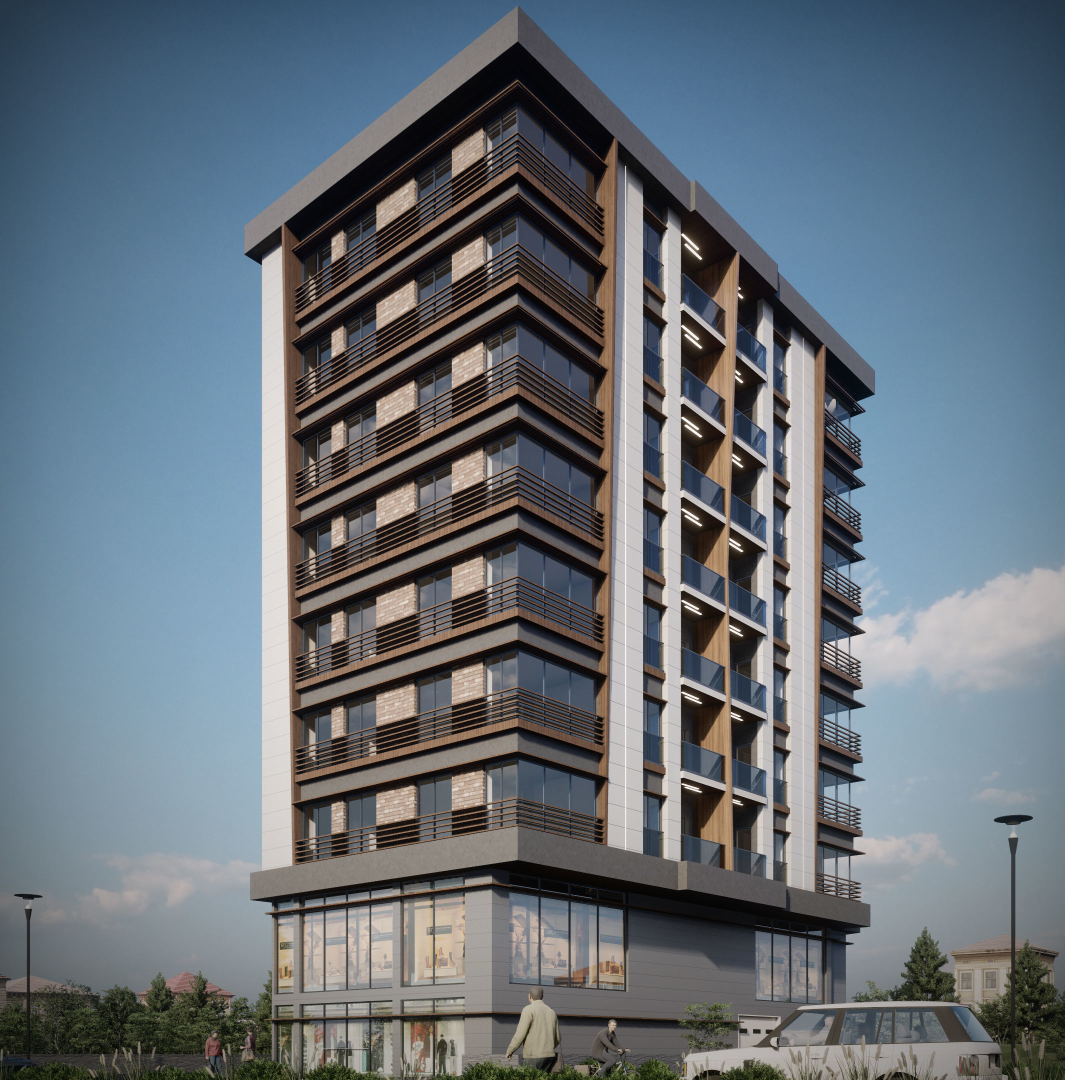 Residence V apartment building with car parked 3D model_3