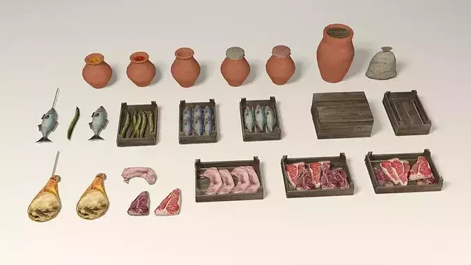 Medieval street markets props collection Low-poly 3D model 2