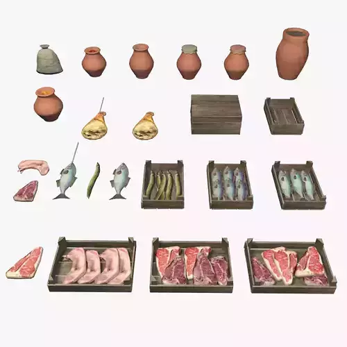 Medieval street markets props collection Low-poly 3D model