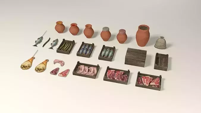 Medieval street markets props collection Low-poly 3D model 3