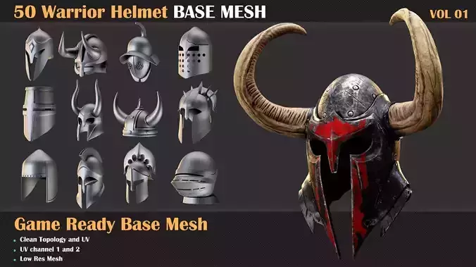 50 Warrior Helmet Base Mesh - VOL 01 - Game Ready