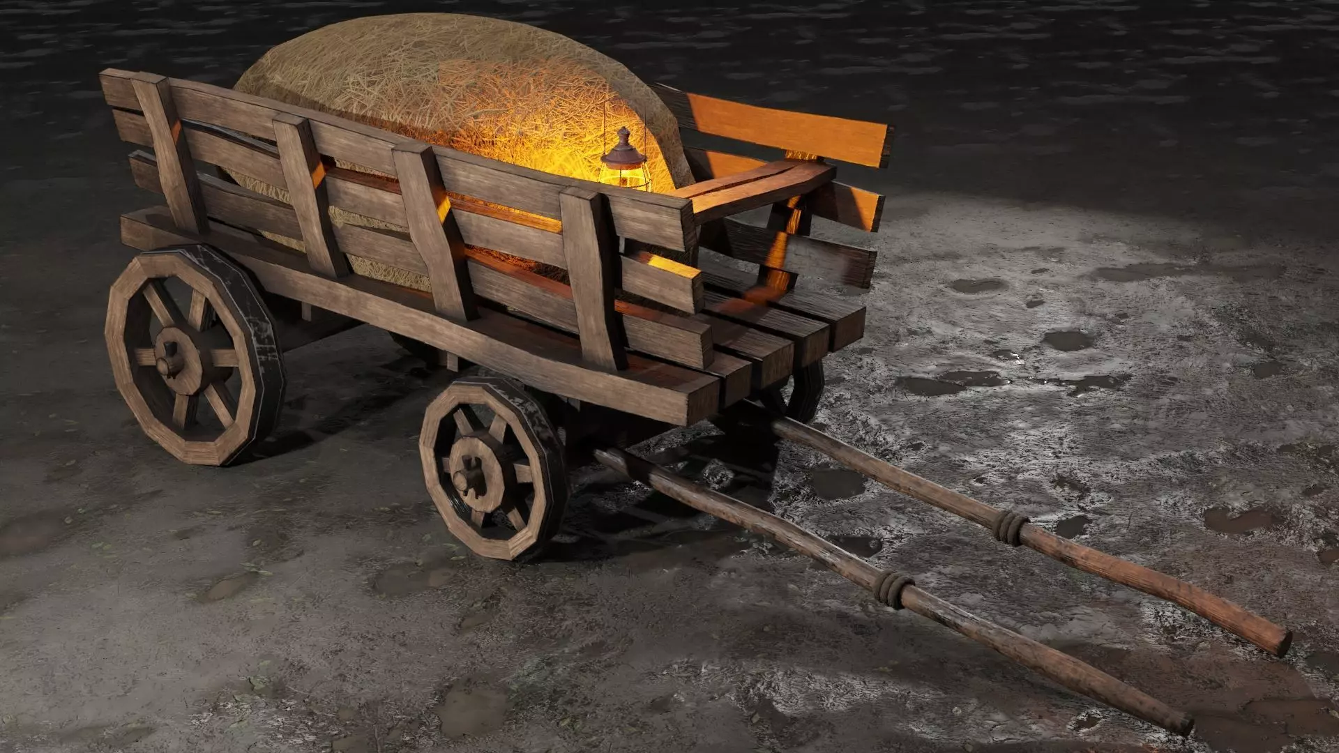 Stylized medieval cart with a lamp and hay Low-poly 3D model