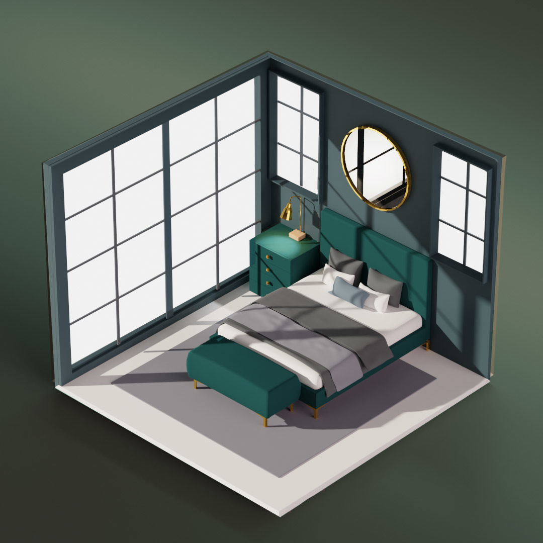 5 Lowpoly bedrooms bedroom with bed and lamp Low-poly 3D model_5