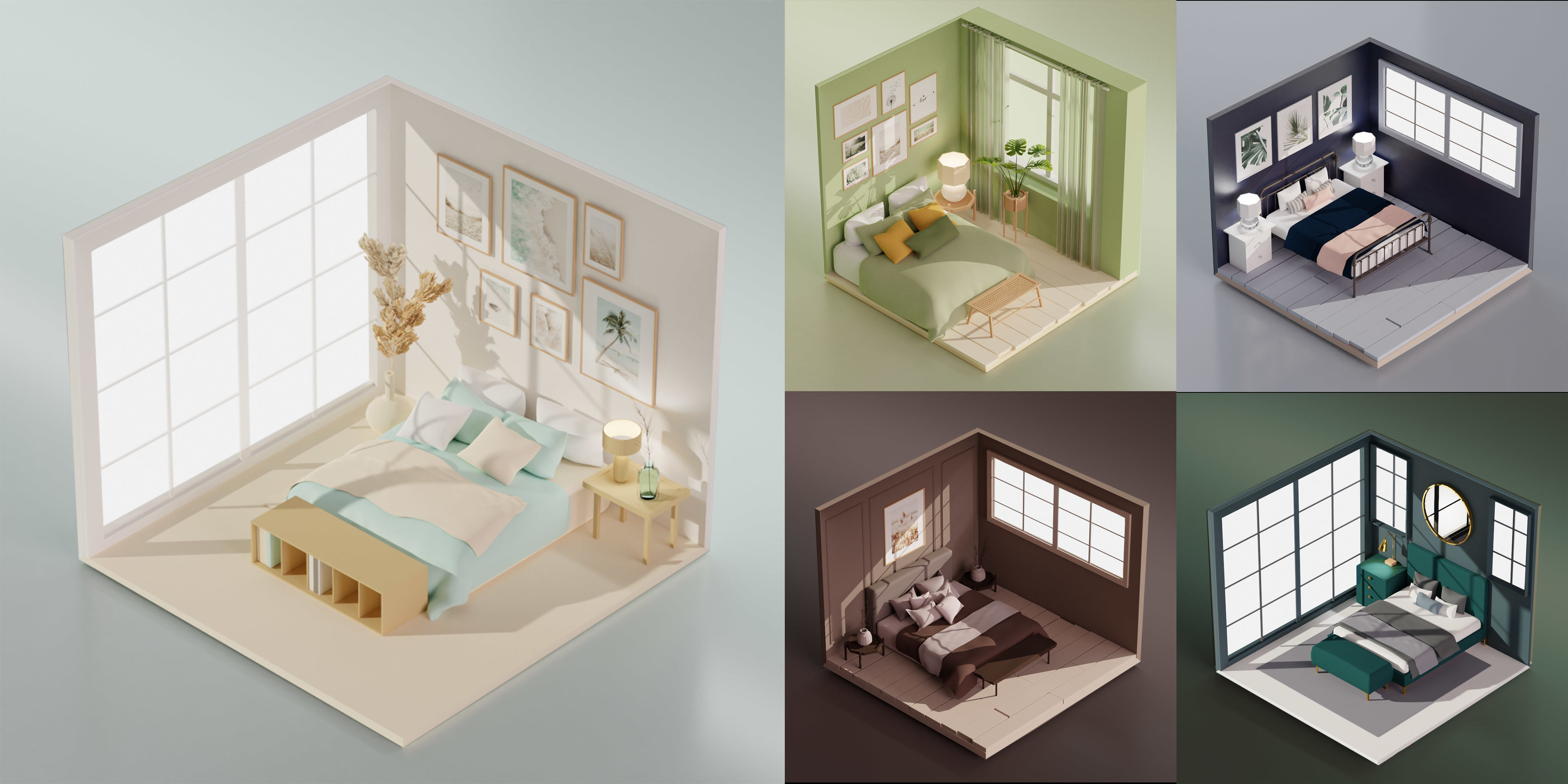 5 Lowpoly bedrooms bedroom with bed and lamp Low-poly 3D model_1