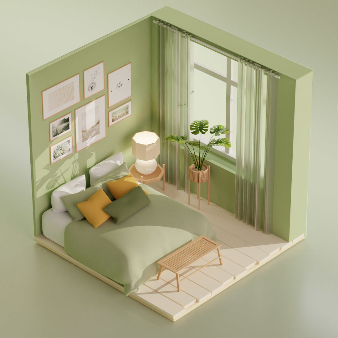 5 Lowpoly bedrooms bedroom with bed and lamp Low-poly 3D model_3