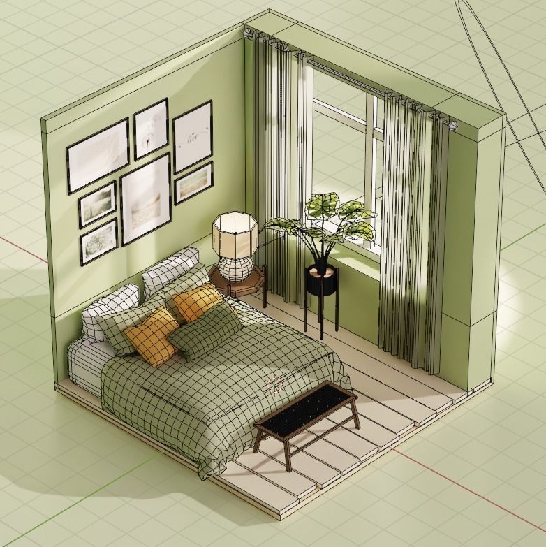 5 Lowpoly bedrooms bedroom with bed and lamp Low-poly 3D model_9