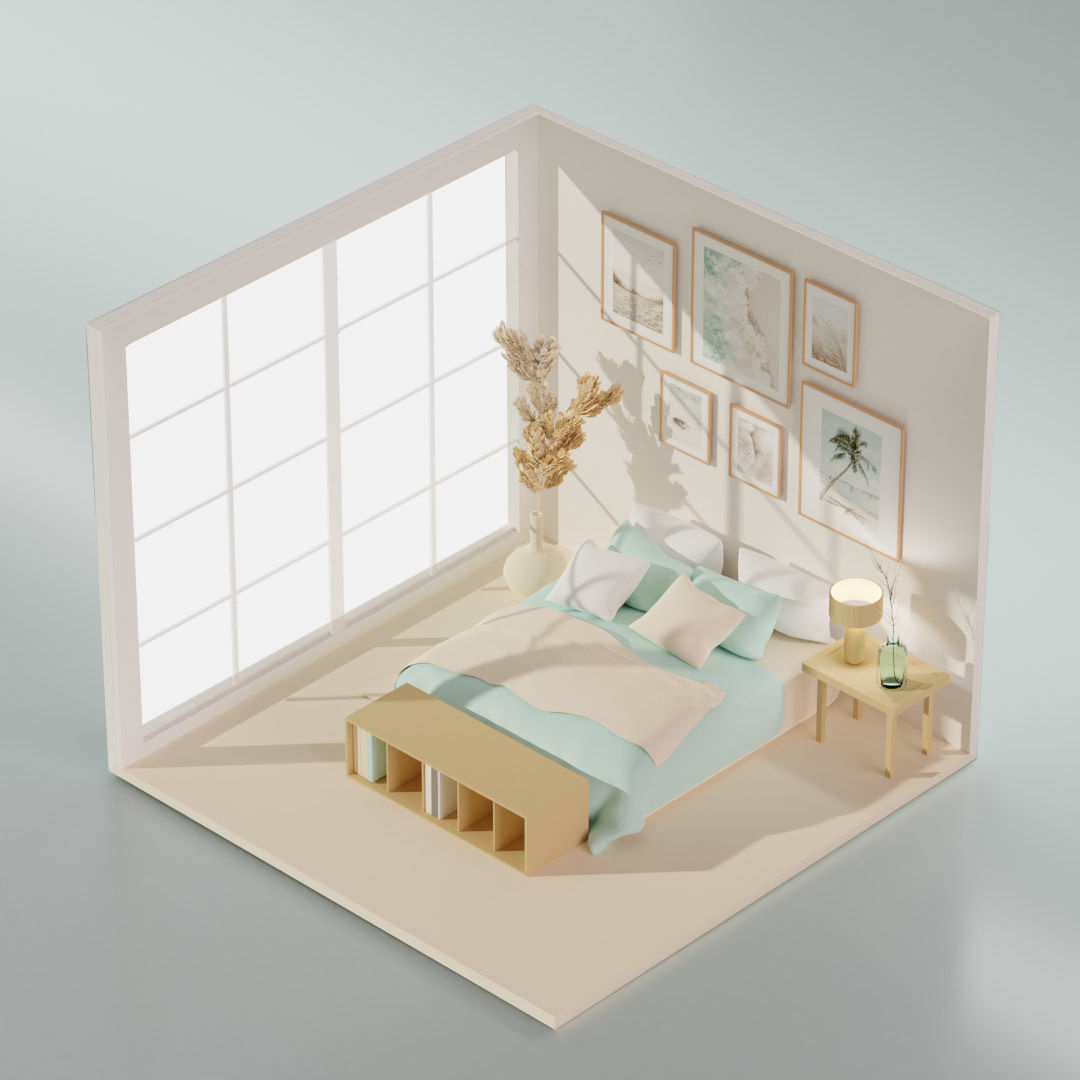 5 Lowpoly bedrooms bedroom with bed and lamp Low-poly 3D model_4