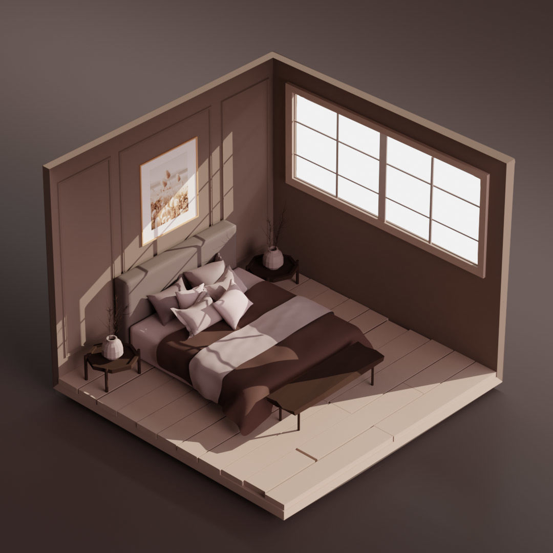 5 Lowpoly bedrooms bedroom with bed and lamp Low-poly 3D model_2