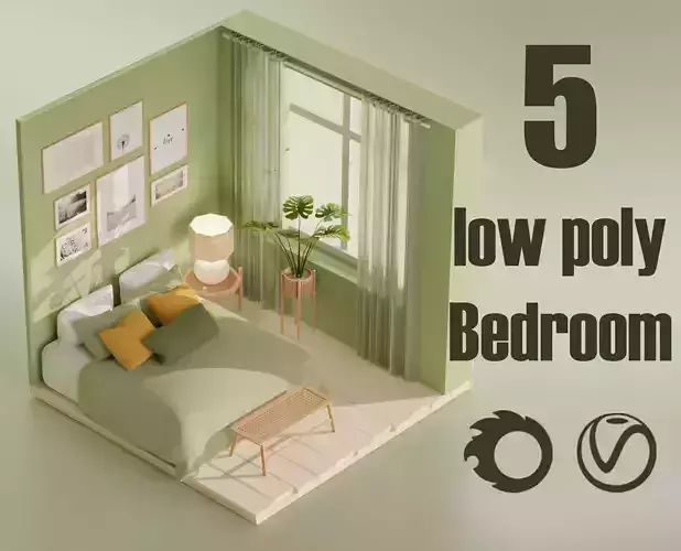 5 Lowpoly bedrooms bedroom with bed and lamp Low-poly 3D model