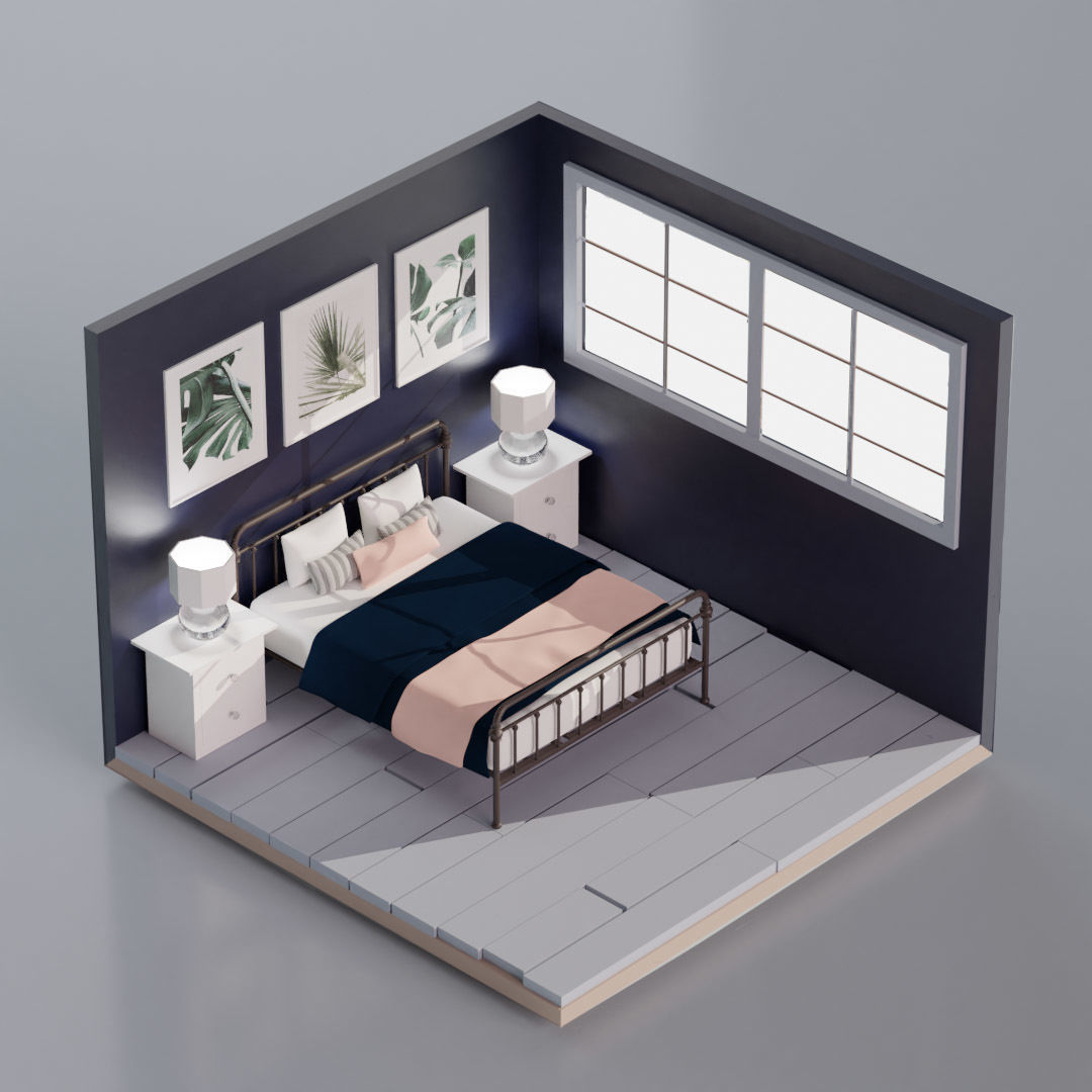 5 Lowpoly bedrooms bedroom with bed and lamp Low-poly 3D model_6