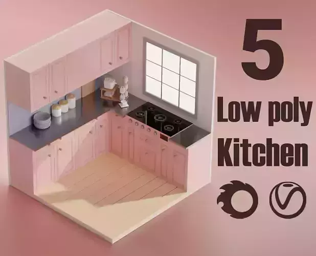 5 Lowpoly Kitchen in dollhouse Low-poly 3D model