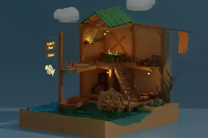 Low Poly Dock wooden house in sky