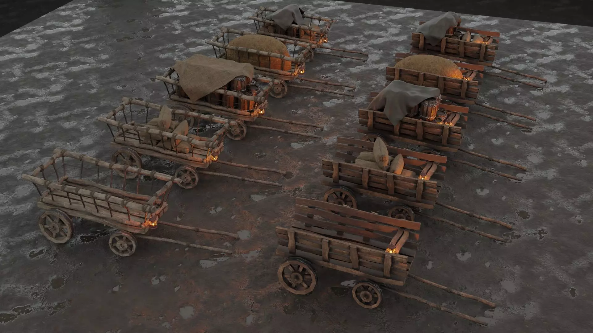 A set of stylized medieval carts with a lamp and a load Low-poly 3D model
