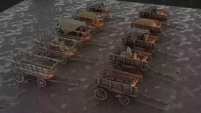 A set of stylized medieval carts with a lamp and a load