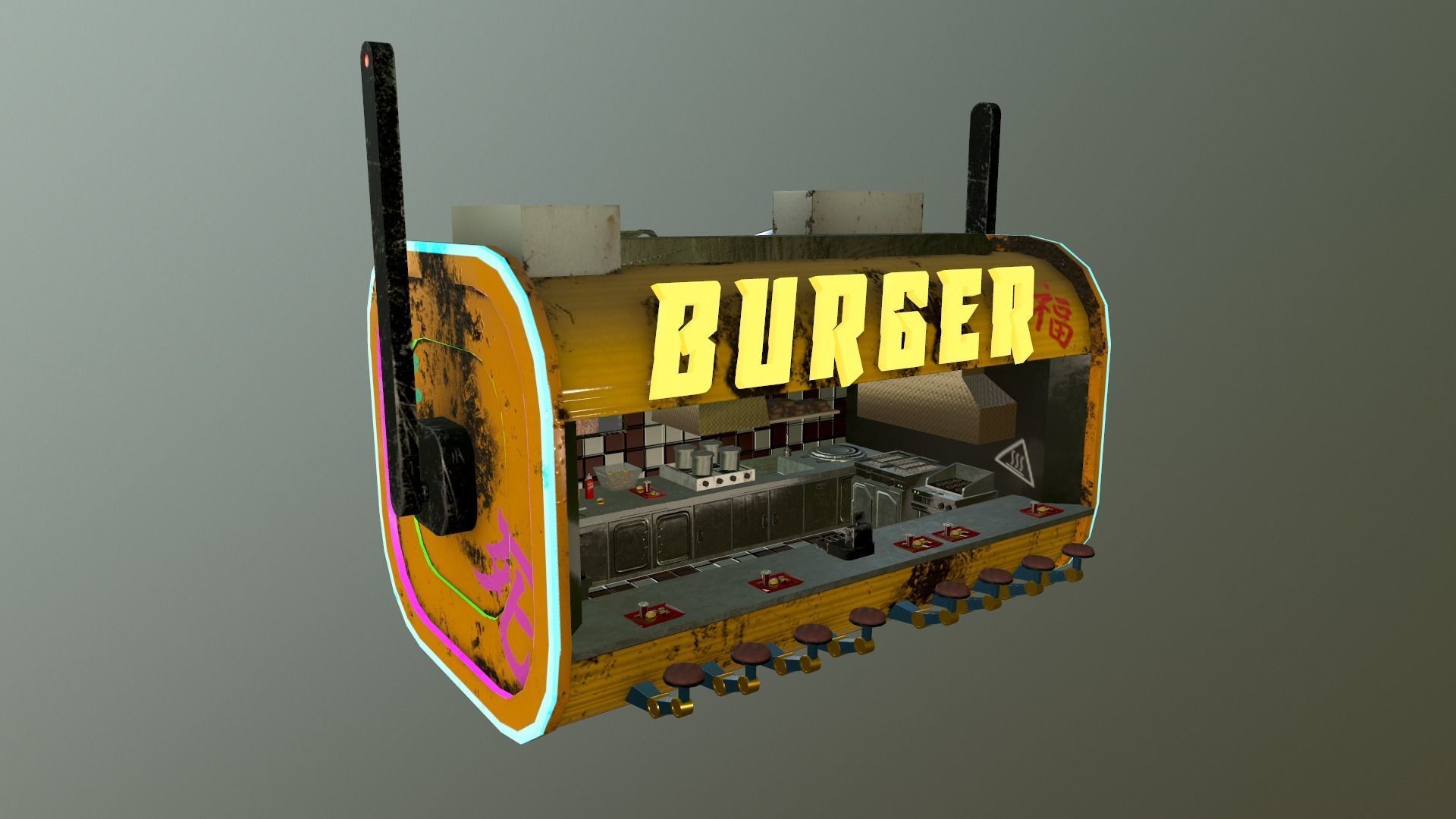 Cyberpunk City - Burger Stand Low-poly 3D model_37