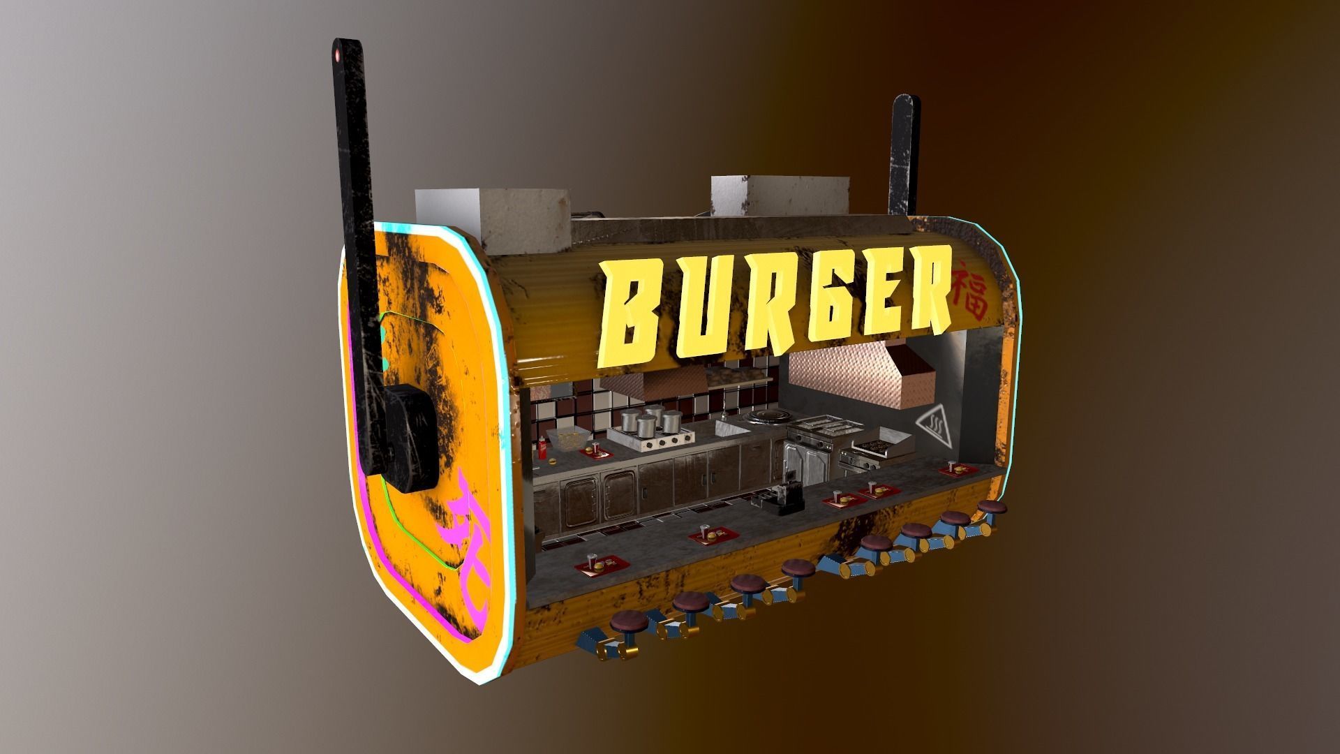 Cyberpunk City - Burger Stand Low-poly 3D model_42