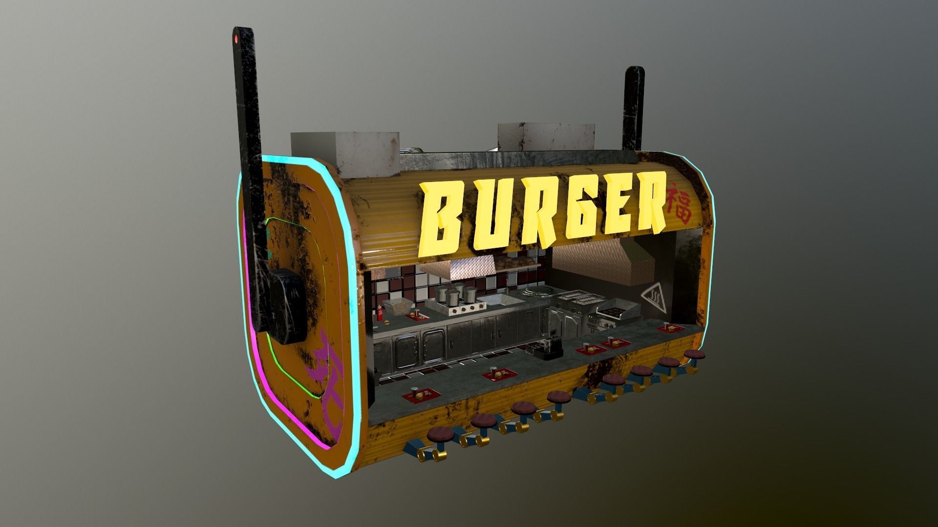 Cyberpunk City - Burger Stand Low-poly 3D model_40