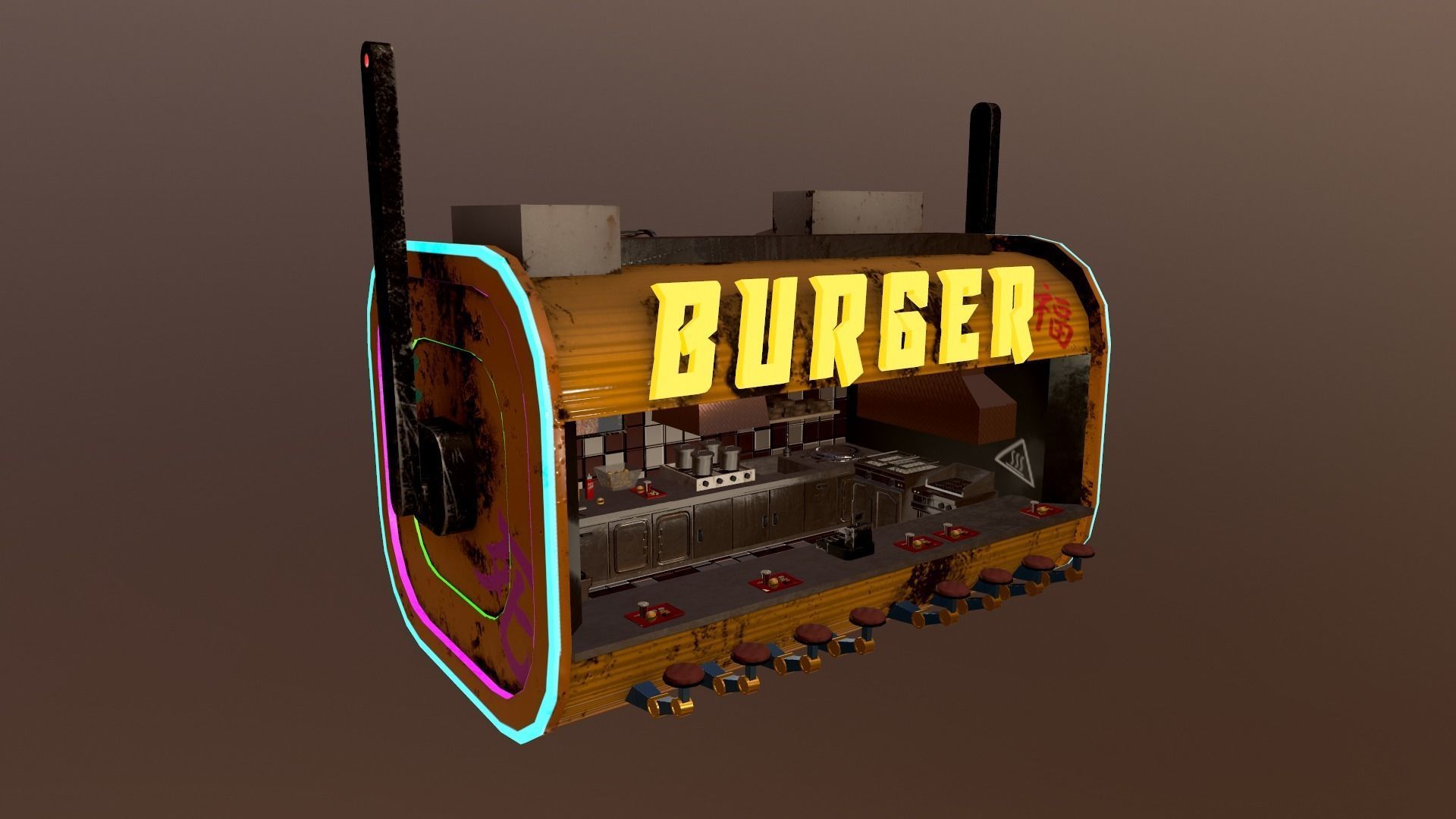 Cyberpunk City - Burger Stand Low-poly 3D model_22