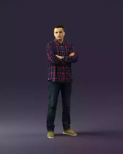 Man in blue red tshirt close Pose 0866