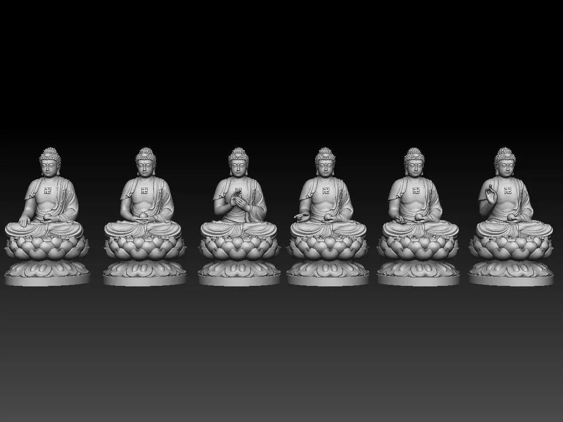 Buddha five statues 3D model_0