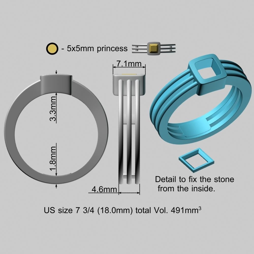 5mm Princess Gold Ring 3D print model_22