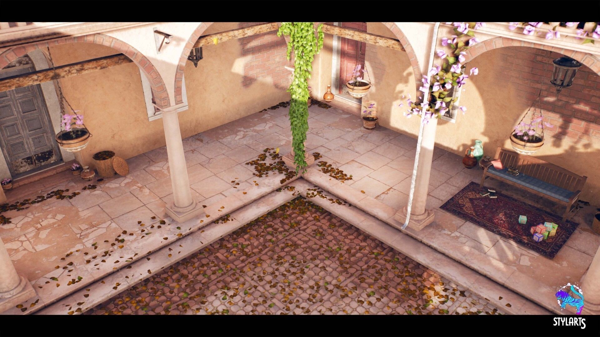 Stylized Mediterranean Courtyard Low-poly 3D model_2