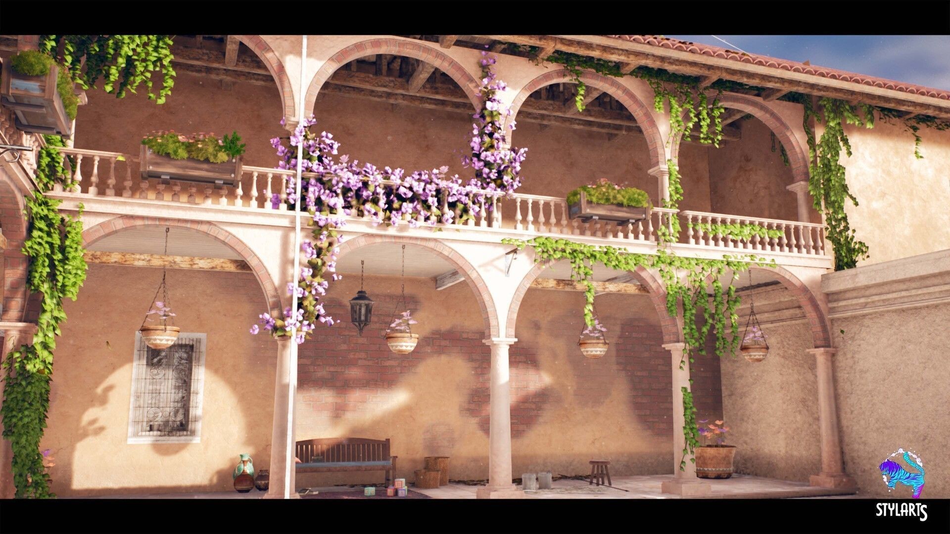 Stylized Mediterranean Courtyard Low-poly 3D model_1