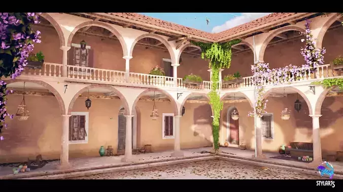 Stylized Mediterranean Courtyard Low-poly 3D model