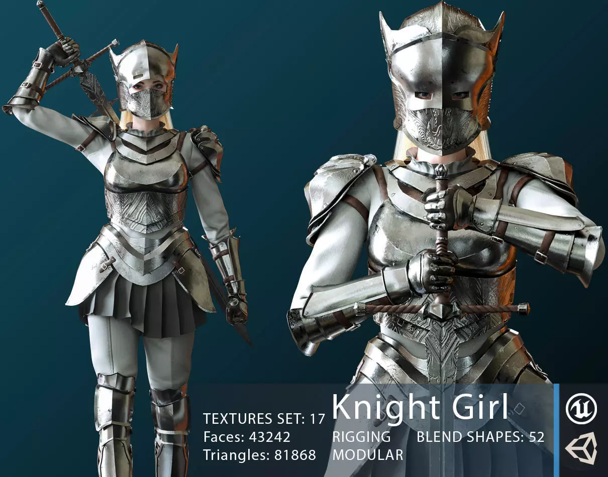 Knight Girl Modular Character Low-poly 3D model_0